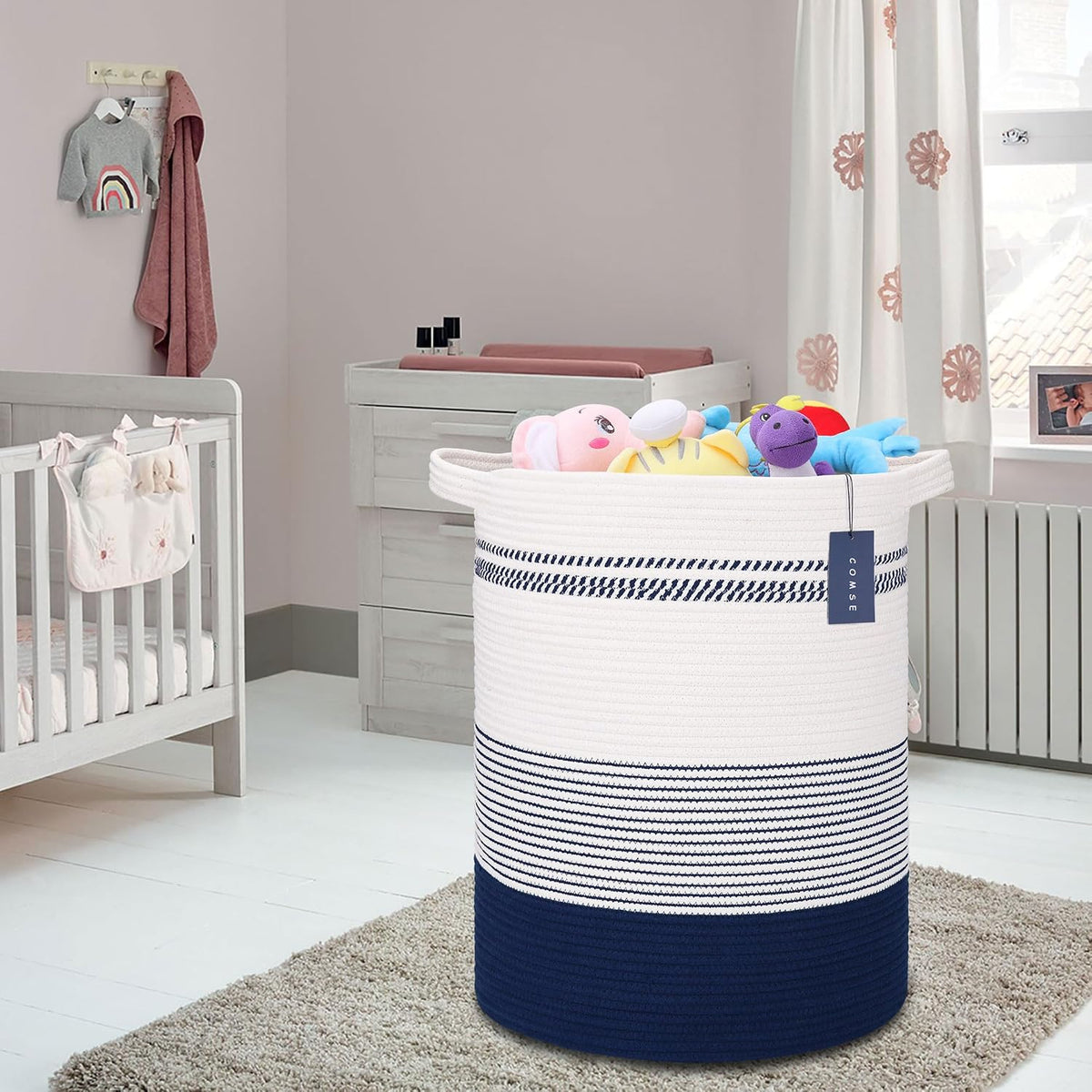 Tall Laundry Basket, Nursery Hamper, 72L, Navy Blue & White