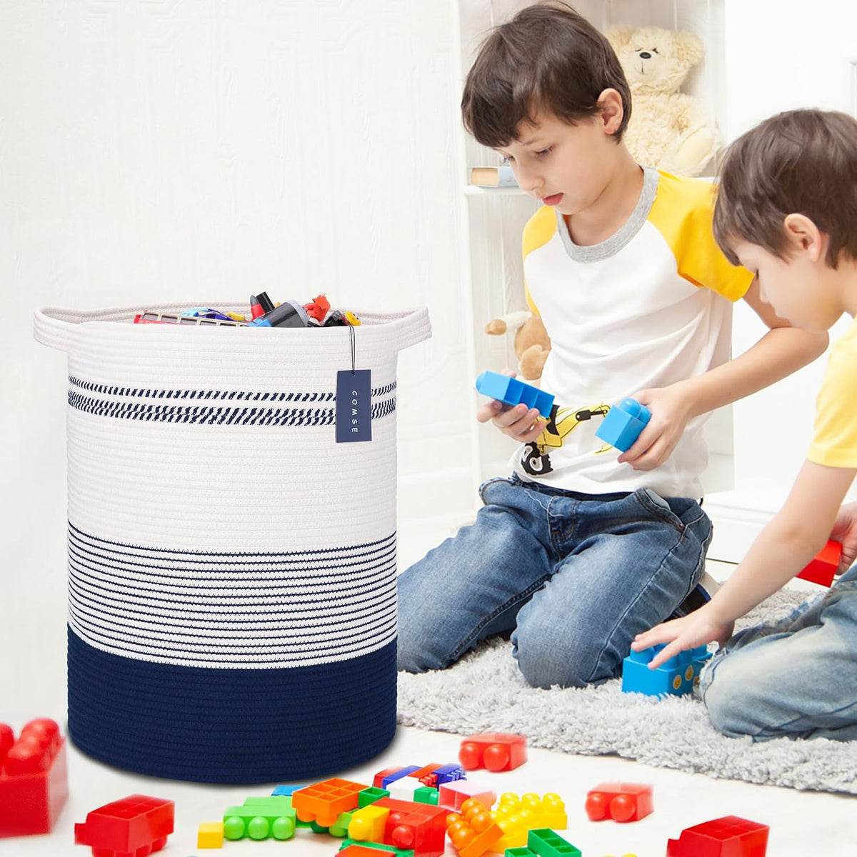 Tall Laundry Basket, Nursery Hamper, 72L, Navy Blue & White