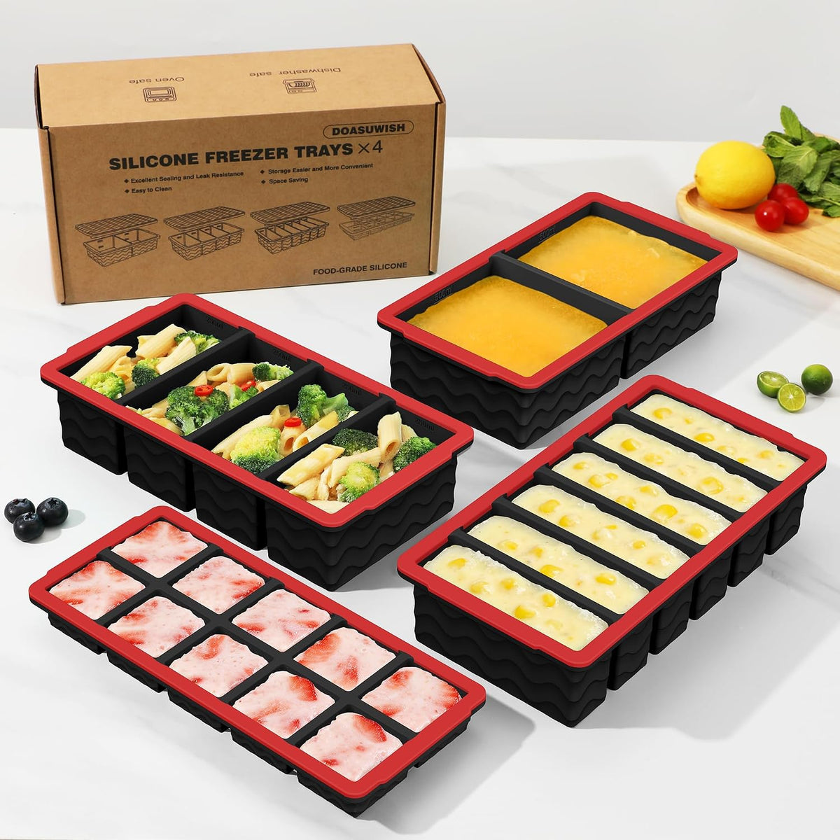 Silicone Freezer Trays with Lid (4-Pack), 1-Cup, 2-Cup, 1/2-Cup & 2-Tbsp Silicone Freezer Molds, Stackable Soup Freezer Meal Prep Containers,Ice Cube Tray for Making Sauce,Smoothies,Yogurt Bites