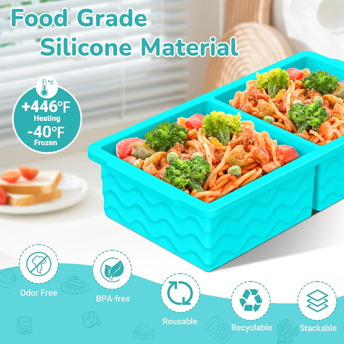 Silicone Freezer Trays with Lid (4-Pack), 1-Cup, 2-Cup, 1/2-Cup & 2-Tbsp Silicone Freezer Molds, Stackable Soup Freezer Meal Prep Containers,Ice Cube Tray for Making Sauce,Smoothies,Yogurt Bites