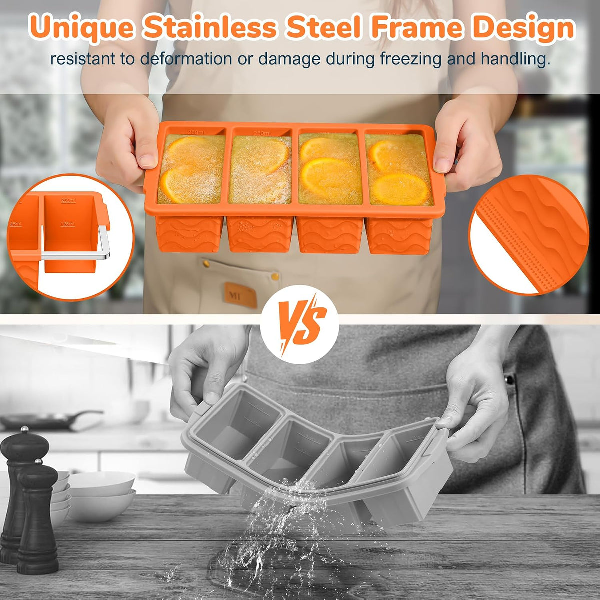 Silicone Freezer Trays with Lid (4-Pack), 1-Cup, 2-Cup, 1/2-Cup & 2-Tbsp Silicone Freezer Molds, Stackable Soup Freezer Meal Prep Containers,Ice Cube Tray for Making Sauce,Smoothies,Yogurt Bites