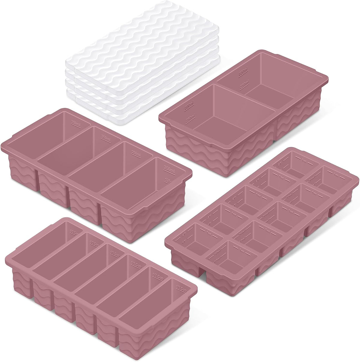 Silicone Freezer Trays with Lid (4-Pack), 1-Cup, 2-Cup, 1/2-Cup & 2-Tbsp Silicone Freezer Molds, Stackable Soup Freezer Meal Prep Containers,Ice Cube Tray for Making Sauce,Smoothies,Yogurt Bites
