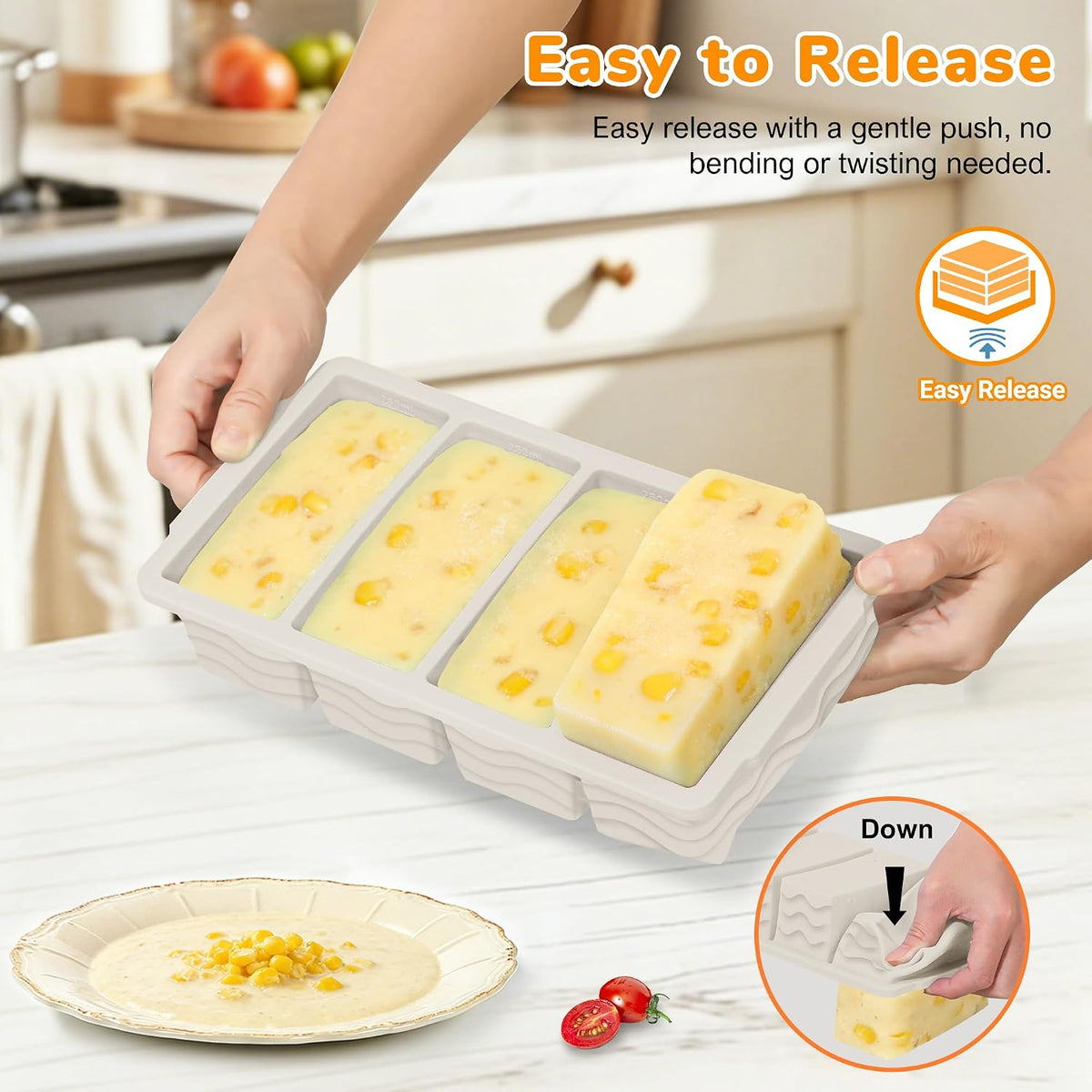 Silicone Freezer Trays with Lid (4-Pack), 1-Cup, 2-Cup, 1/2-Cup & 2-Tbsp Silicone Freezer Molds, Stackable Soup Freezer Meal Prep Containers,Ice Cube Tray for Making Sauce,Smoothies,Yogurt Bites