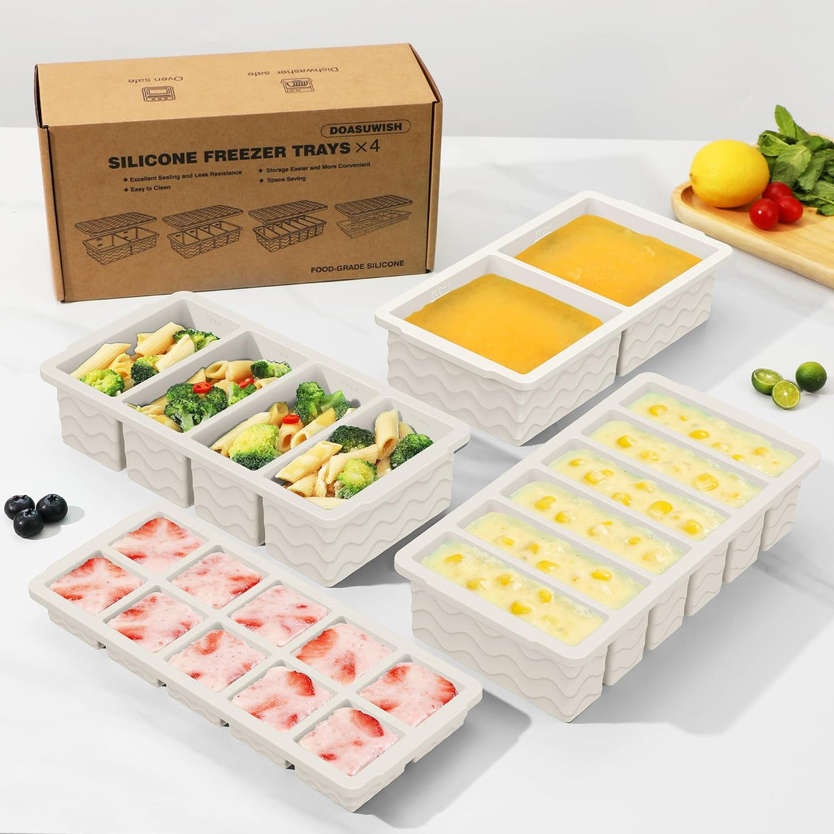 Silicone Freezer Trays with Lid (4-Pack), 1-Cup, 2-Cup, 1/2-Cup & 2-Tbsp Silicone Freezer Molds, Stackable Soup Freezer Meal Prep Containers,Ice Cube Tray for Making Sauce,Smoothies,Yogurt Bites