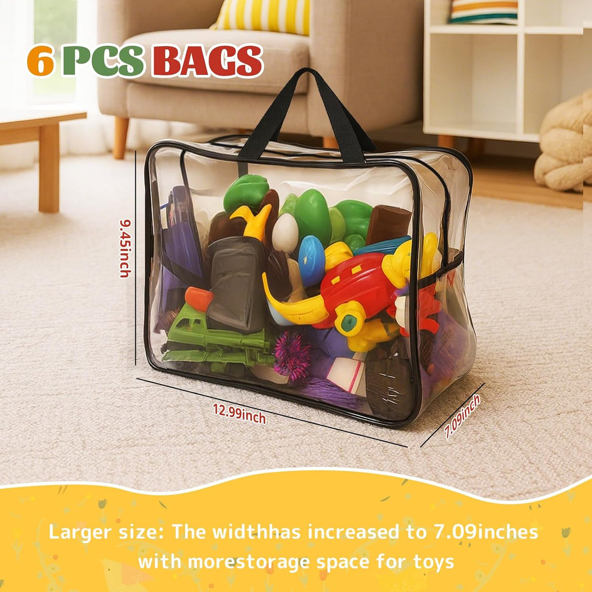 Widened X-Large Toy Storage Bags 12.99 x 9.45 x 7.09 in 6 Packs Reusable Clear PVC Board with Zipper Travel Waterproof Organizer Bags Game Storage for Puzzles, Building Blocks, Board Game