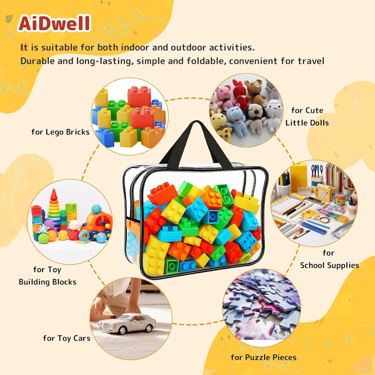 Widened X-Large Toy Storage Bags 12.99 x 9.45 x 7.09 in 6 Packs Reusable Clear PVC Board with Zipper Travel Waterproof Organizer Bags Game Storage for Puzzles, Building Blocks, Board Game