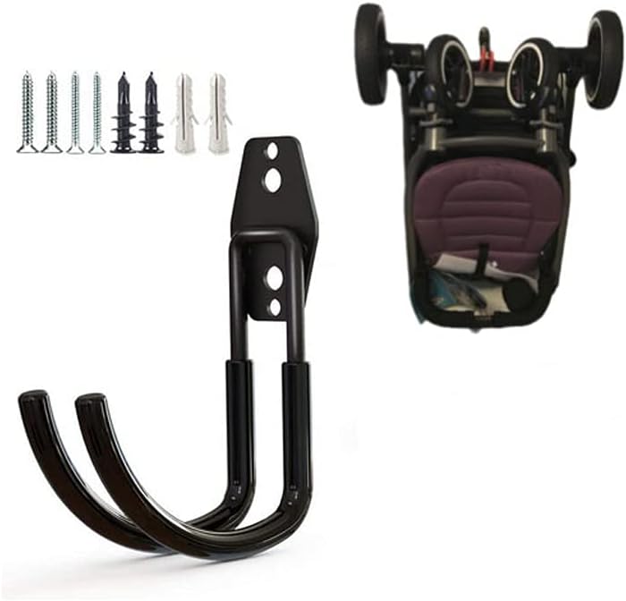 Wall Mount Baby Stroller Hanger - Baby Stroller Rack Holder, Garage Power Tool Hanger Wall Hook, Steel Garage Tool Storage Organizer Utility Hooks (Black)