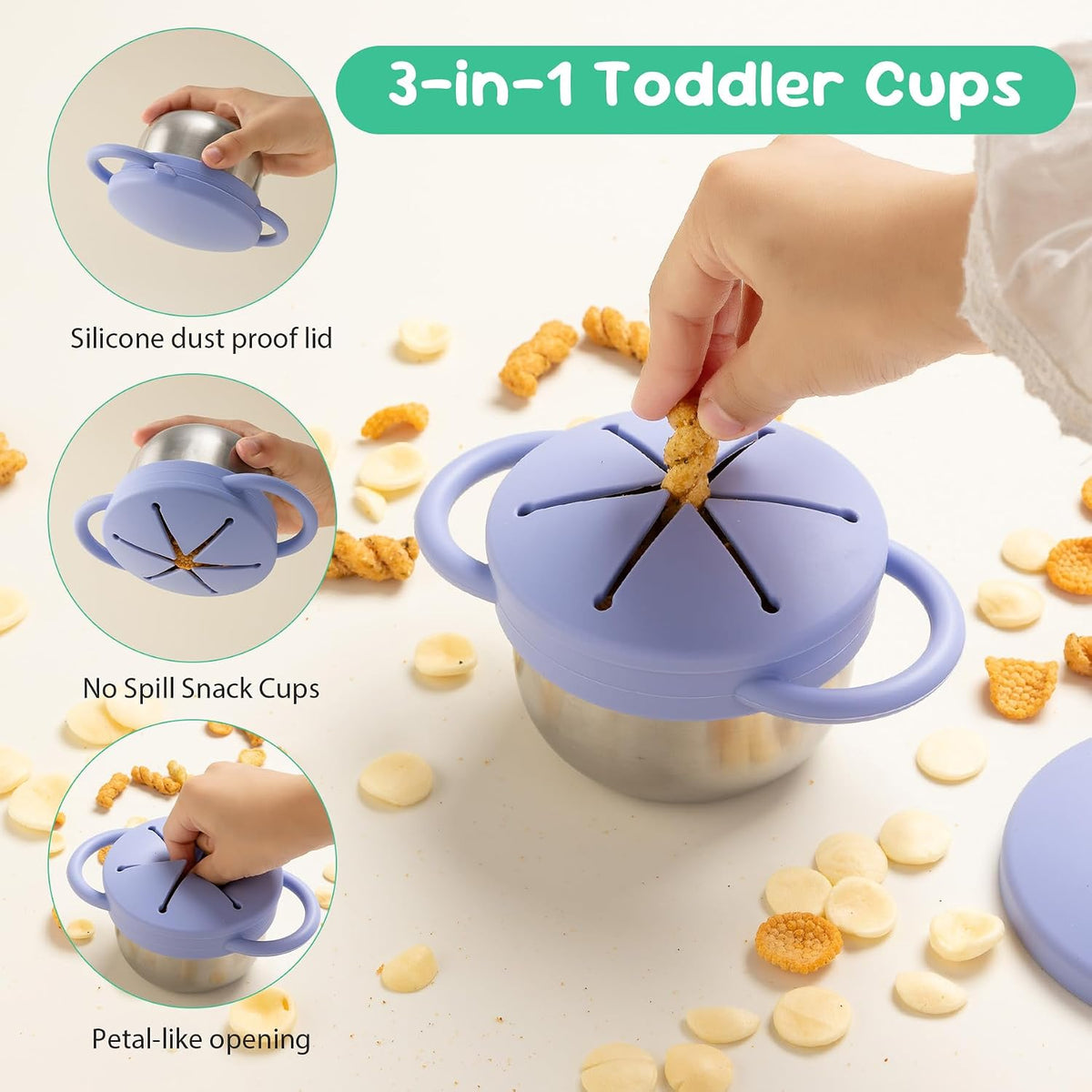 Bufilea 2 Pack Snack Containers for Toddlers, Stainless Steel Toddler Snack Cups with Silicone Food Catcher & Lids,Snack Cups for toddlers Spill Proof