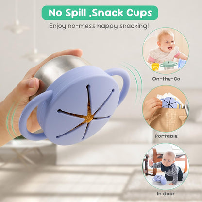 Bufilea 2 Pack Snack Containers for Toddlers, Stainless Steel Toddler Snack Cups with Silicone Food Catcher & Lids,Snack Cups for toddlers Spill Proof