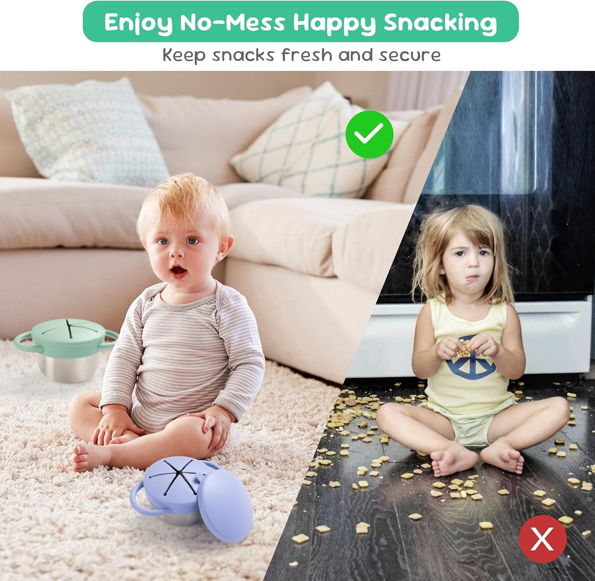 Bufilea 2 Pack Snack Containers for Toddlers, Stainless Steel Toddler Snack Cups with Silicone Food Catcher & Lids,Snack Cups for toddlers Spill Proof