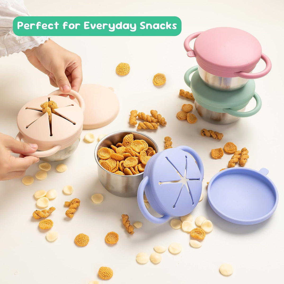 Bufilea 2 Pack Snack Containers for Toddlers, Stainless Steel Toddler Snack Cups with Silicone Food Catcher & Lids,Snack Cups for toddlers Spill Proof