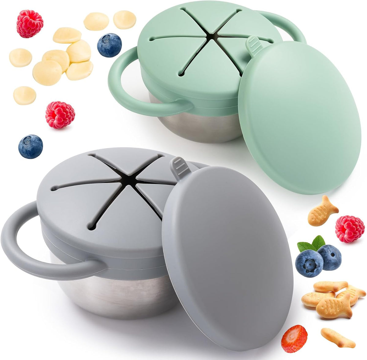 Bufilea 2 Pack Snack Containers for Toddlers, Stainless Steel Toddler Snack Cups with Silicone Food Catcher & Lids,Snack Cups for toddlers Spill Proof