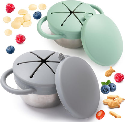 Bufilea 2 Pack Snack Containers for Toddlers, Stainless Steel Toddler Snack Cups with Silicone Food Catcher & Lids,Snack Cups for toddlers Spill Proof