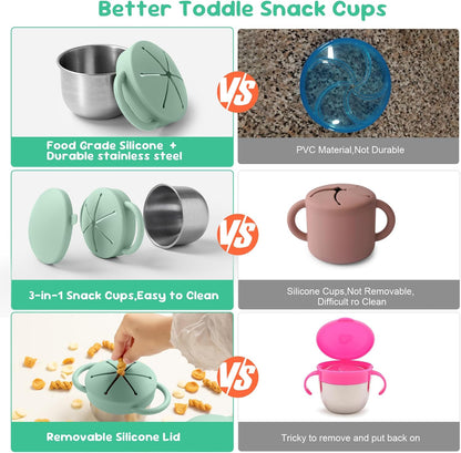Bufilea 2 Pack Snack Containers for Toddlers, Stainless Steel Toddler Snack Cups with Silicone Food Catcher & Lids,Snack Cups for toddlers Spill Proof