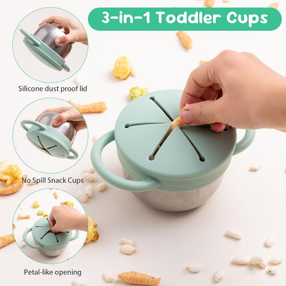 Bufilea 2 Pack Snack Containers for Toddlers, Stainless Steel Toddler Snack Cups with Silicone Food Catcher & Lids,Snack Cups for toddlers Spill Proof