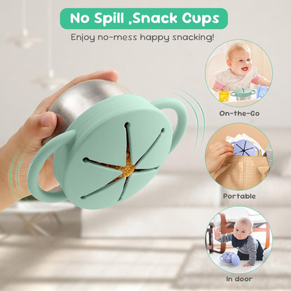 Bufilea 2 Pack Snack Containers for Toddlers, Stainless Steel Toddler Snack Cups with Silicone Food Catcher & Lids,Snack Cups for toddlers Spill Proof