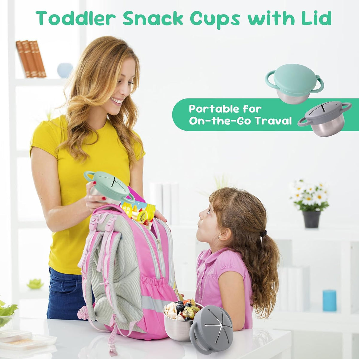 Bufilea 2 Pack Snack Containers for Toddlers, Stainless Steel Toddler Snack Cups with Silicone Food Catcher & Lids,Snack Cups for toddlers Spill Proof