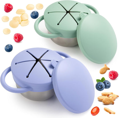 Bufilea 2 Pack Snack Containers for Toddlers, Stainless Steel Toddler Snack Cups with Silicone Food Catcher & Lids,Snack Cups for toddlers Spill Proof
