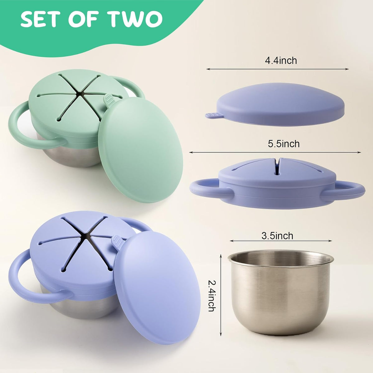 Bufilea 2 Pack Snack Containers for Toddlers, Stainless Steel Toddler Snack Cups with Silicone Food Catcher & Lids,Snack Cups for toddlers Spill Proof