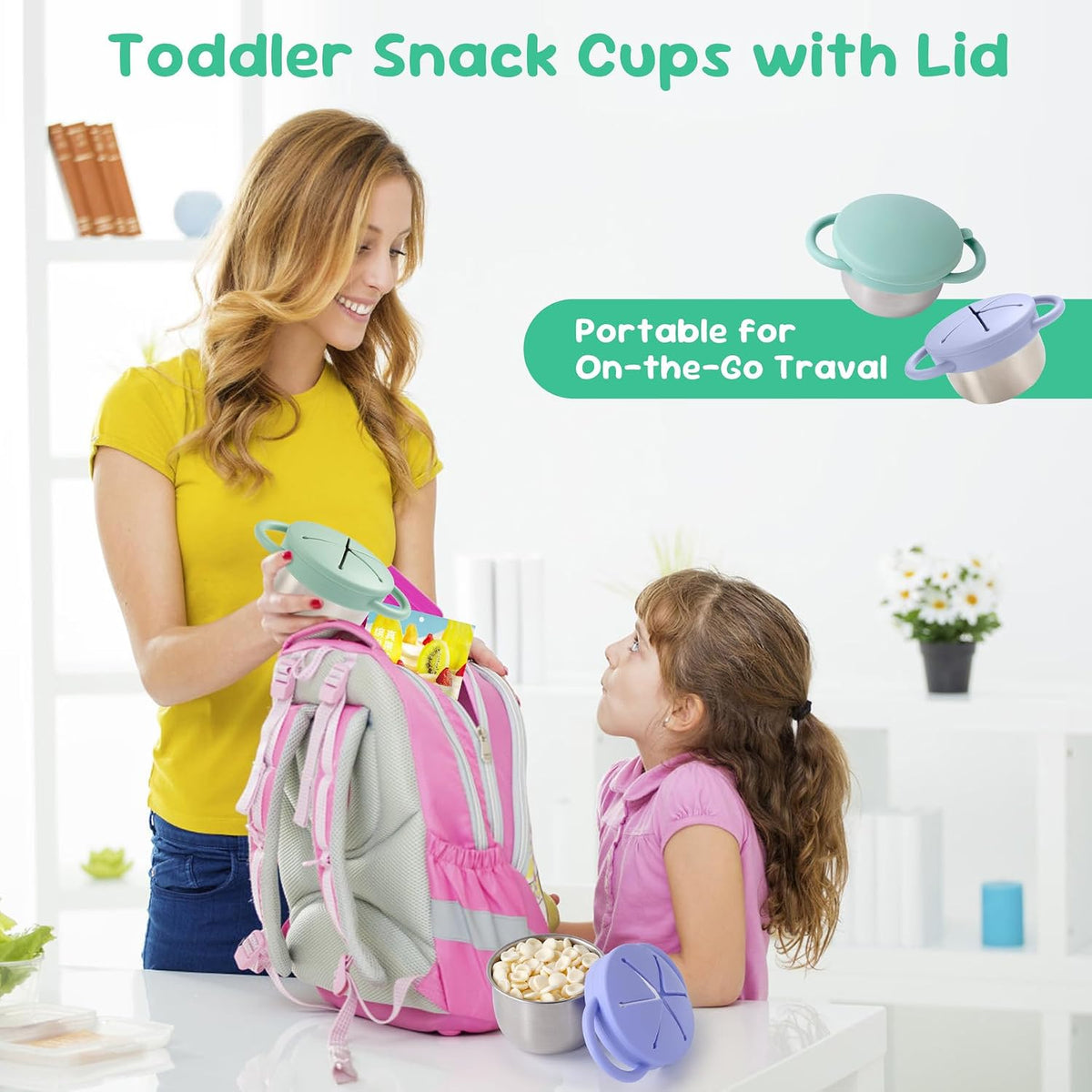 Bufilea 2 Pack Snack Containers for Toddlers, Stainless Steel Toddler Snack Cups with Silicone Food Catcher & Lids,Snack Cups for toddlers Spill Proof