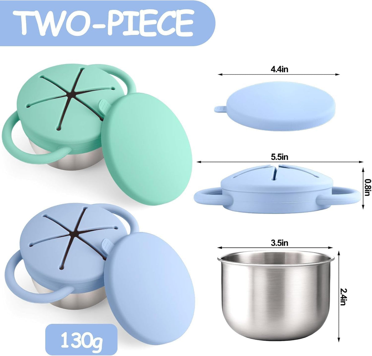 Bufilea 2 Pack Snack Containers for Toddlers, Stainless Steel Toddler Snack Cups with Silicone Food Catcher & Lids,Snack Cups for toddlers Spill Proof
