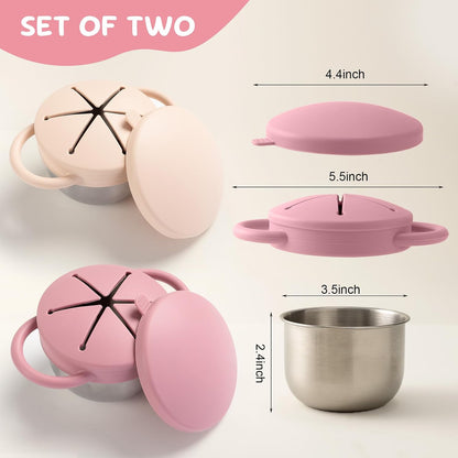 Bufilea 2 Pack Snack Containers for Toddlers, Stainless Steel Toddler Snack Cups with Silicone Food Catcher & Lids,Snack Cups for toddlers Spill Proof