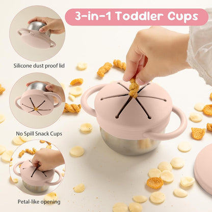 Bufilea 2 Pack Snack Containers for Toddlers, Stainless Steel Toddler Snack Cups with Silicone Food Catcher & Lids,Snack Cups for toddlers Spill Proof