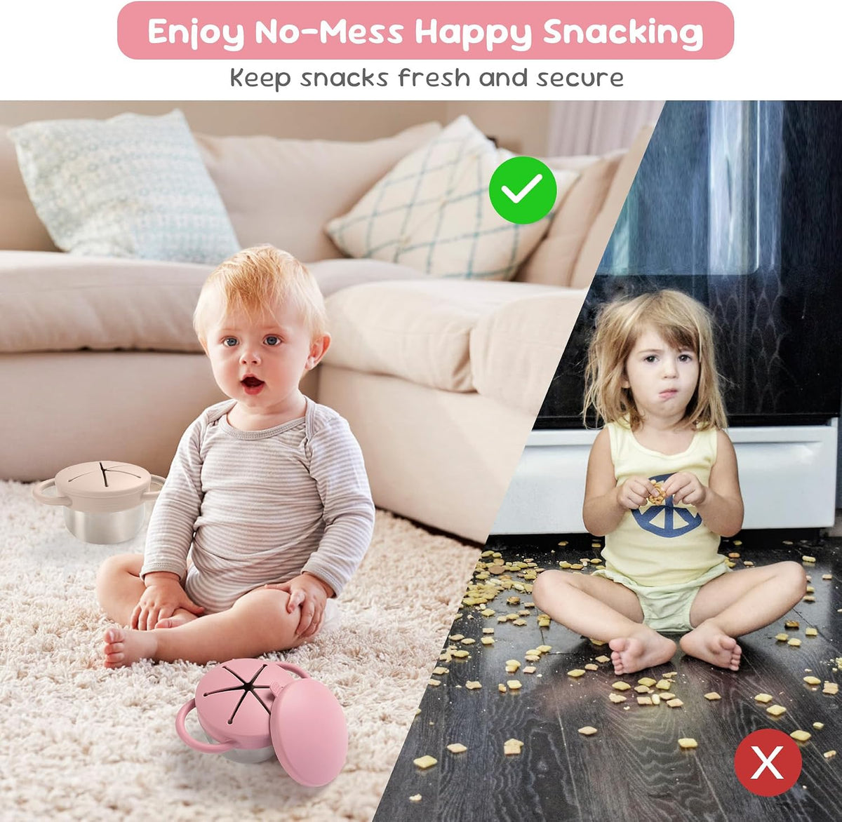 Bufilea 2 Pack Snack Containers for Toddlers, Stainless Steel Toddler Snack Cups with Silicone Food Catcher & Lids,Snack Cups for toddlers Spill Proof