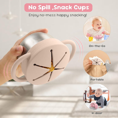 Bufilea 2 Pack Snack Containers for Toddlers, Stainless Steel Toddler Snack Cups with Silicone Food Catcher & Lids,Snack Cups for toddlers Spill Proof