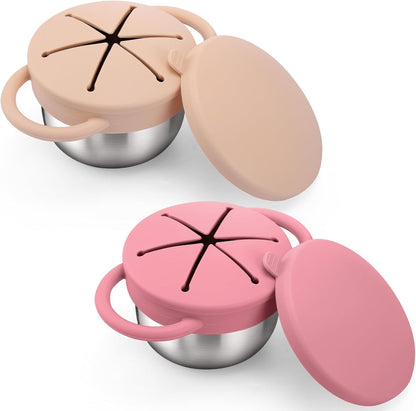 Bufilea 2 Pack Snack Containers for Toddlers, Stainless Steel Toddler Snack Cups with Silicone Food Catcher & Lids,Snack Cups for toddlers Spill Proof