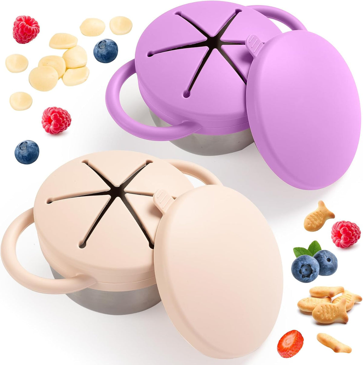 Bufilea 2 Pack Snack Containers for Toddlers, Stainless Steel Toddler Snack Cups with Silicone Food Catcher & Lids,Snack Cups for toddlers Spill Proof