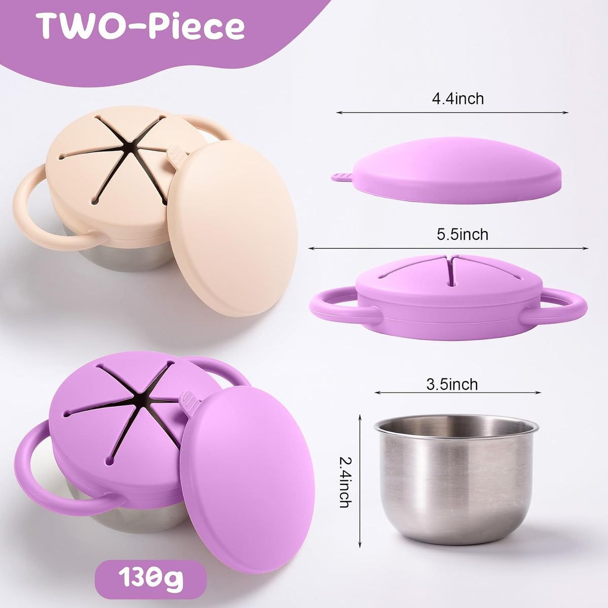Bufilea 2 Pack Snack Containers for Toddlers, Stainless Steel Toddler Snack Cups with Silicone Food Catcher & Lids,Snack Cups for toddlers Spill Proof