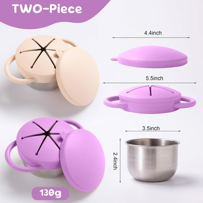 Bufilea 2 Pack Snack Containers for Toddlers, Stainless Steel Toddler Snack Cups with Silicone Food Catcher & Lids,Snack Cups for toddlers Spill Proof
