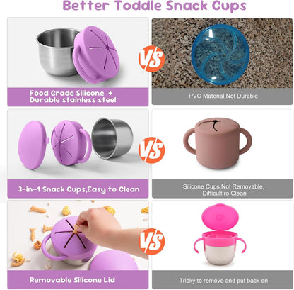 Bufilea 2 Pack Snack Containers for Toddlers, Stainless Steel Toddler Snack Cups with Silicone Food Catcher & Lids,Snack Cups for toddlers Spill Proof