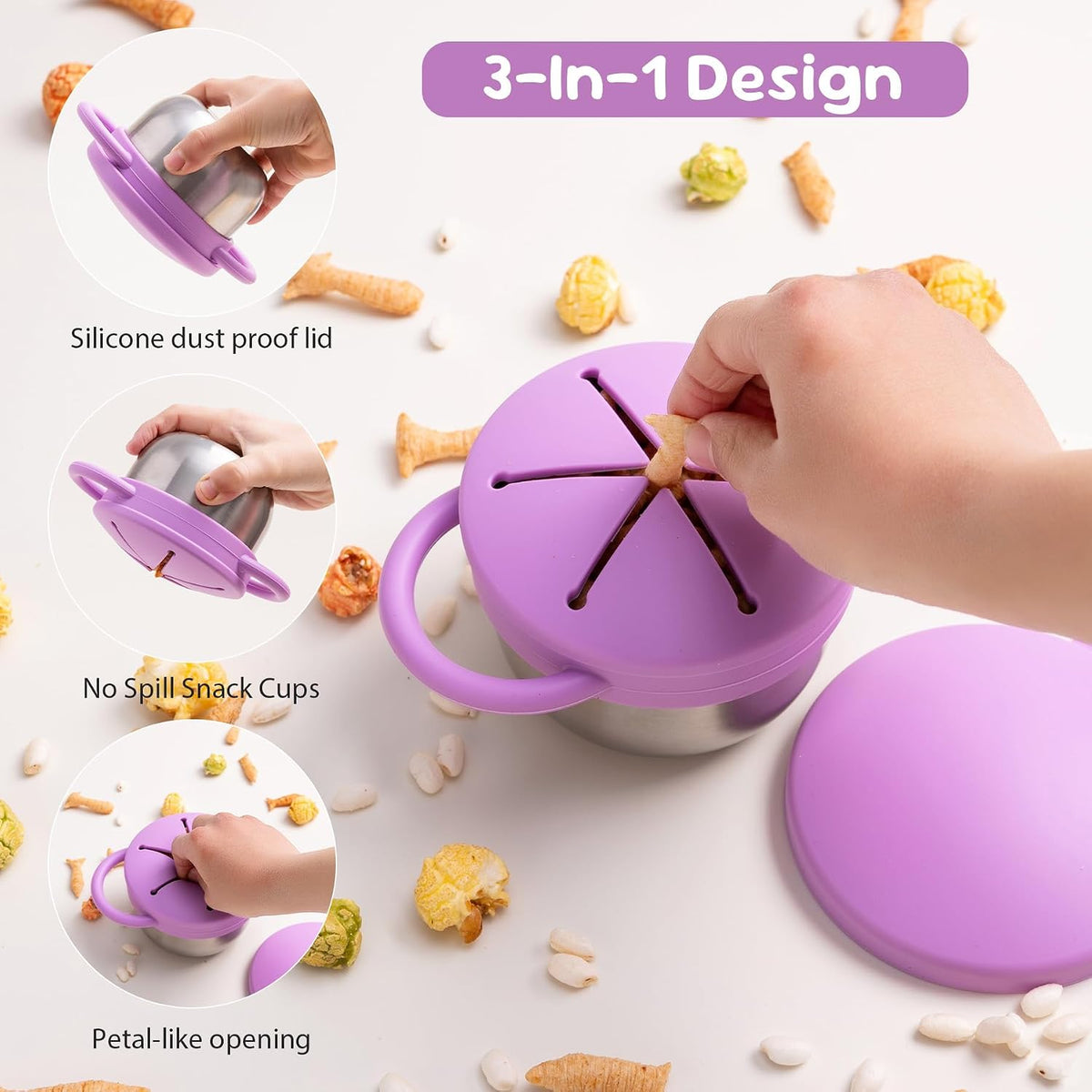 Bufilea 2 Pack Snack Containers for Toddlers, Stainless Steel Toddler Snack Cups with Silicone Food Catcher & Lids,Snack Cups for toddlers Spill Proof