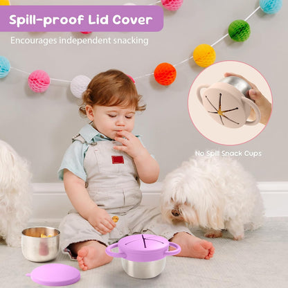 Bufilea 2 Pack Snack Containers for Toddlers, Stainless Steel Toddler Snack Cups with Silicone Food Catcher & Lids,Snack Cups for toddlers Spill Proof