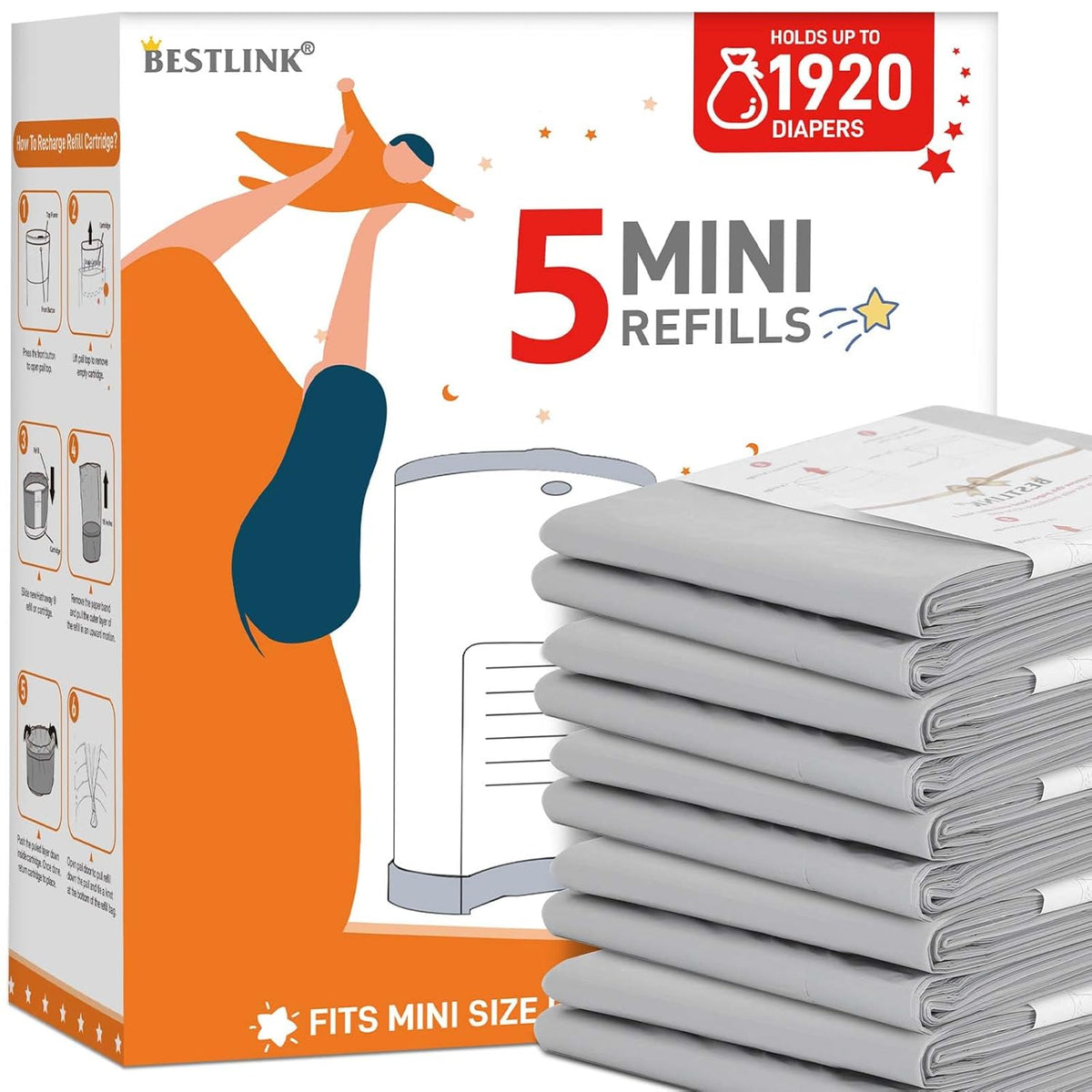 5 Pack Refills Compatible with DEKOR CLASSIC Diaper Pails | 20% Extra Length Diaper Pail Refill Bags Liners Holds 2970 Diapers | Ultimate Odor Control with Baby Scented