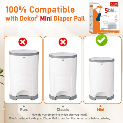 5 Pack Refills Compatible with DEKOR CLASSIC Diaper Pails | 20% Extra Length Diaper Pail Refill Bags Liners Holds 2970 Diapers | Ultimate Odor Control with Baby Scented