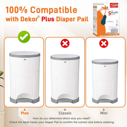 5 Pack Refills Compatible with DEKOR CLASSIC Diaper Pails | 20% Extra Length Diaper Pail Refill Bags Liners Holds 2970 Diapers | Ultimate Odor Control with Baby Scented