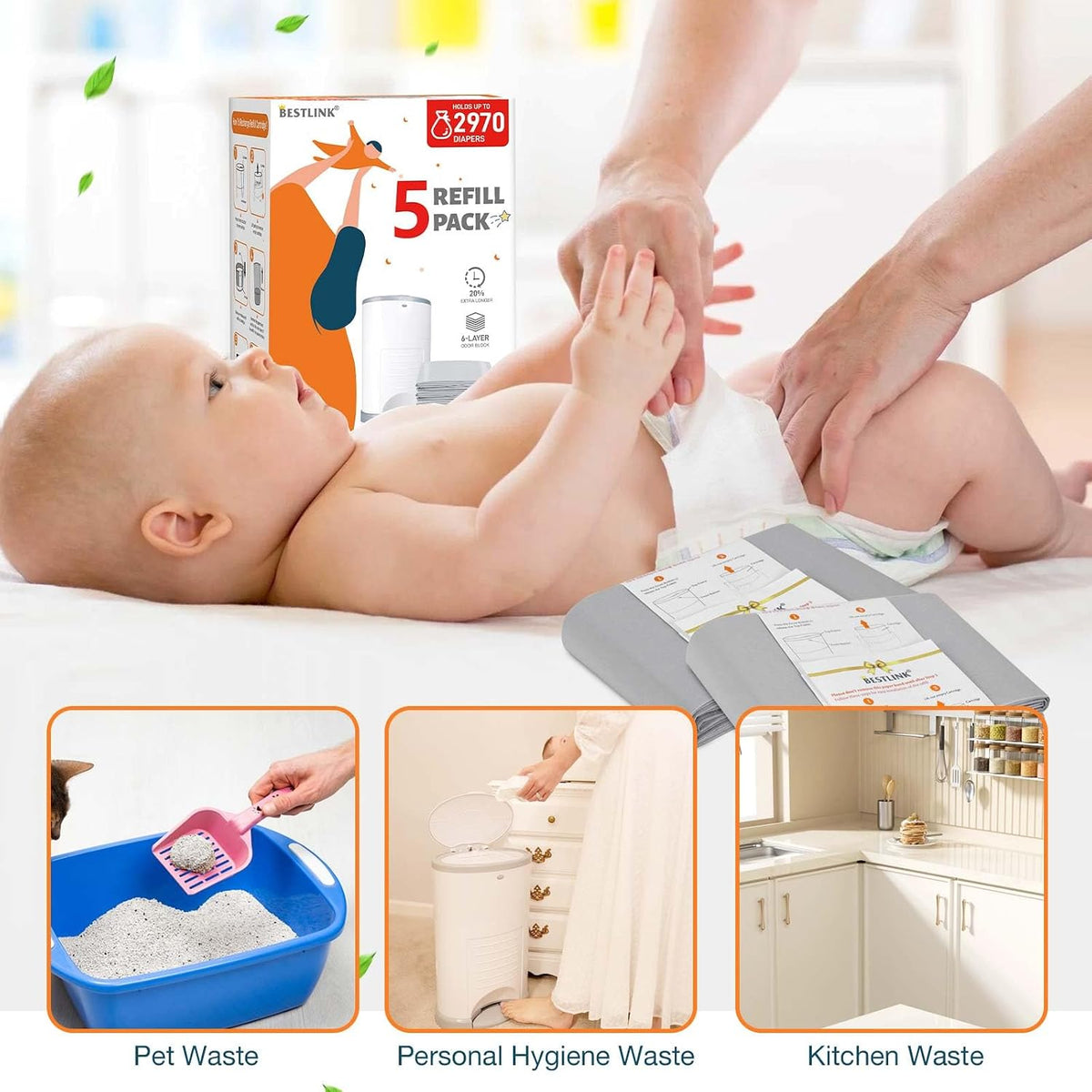 5 Pack Refills Compatible with DEKOR CLASSIC Diaper Pails | 20% Extra Length Diaper Pail Refill Bags Liners Holds 2970 Diapers | Ultimate Odor Control with Baby Scented