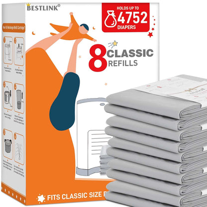 5 Pack Refills Compatible with DEKOR CLASSIC Diaper Pails | 20% Extra Length Diaper Pail Refill Bags Liners Holds 2970 Diapers | Ultimate Odor Control with Baby Scented