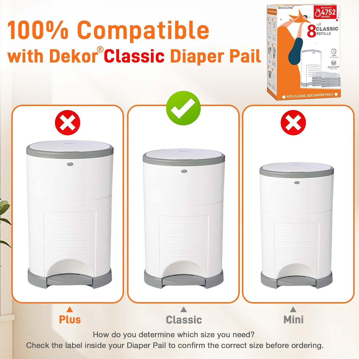 5 Pack Refills Compatible with DEKOR CLASSIC Diaper Pails | 20% Extra Length Diaper Pail Refill Bags Liners Holds 2970 Diapers | Ultimate Odor Control with Baby Scented