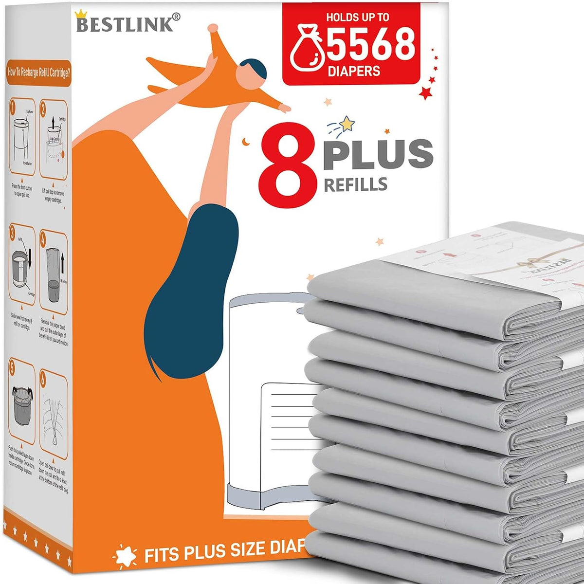 5 Pack Refills Compatible with DEKOR CLASSIC Diaper Pails | 20% Extra Length Diaper Pail Refill Bags Liners Holds 2970 Diapers | Ultimate Odor Control with Baby Scented