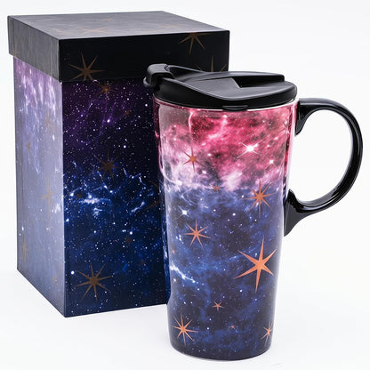 17oz Ceramic Travel Mug with Lid, Galaxy Nebula Space Coffee Mug | Coffee Mug with Handle, Galaxy & Starry Space Design, Spill-Resistant Lid, Microwave & Dishwasher Safe, Gift Box Included