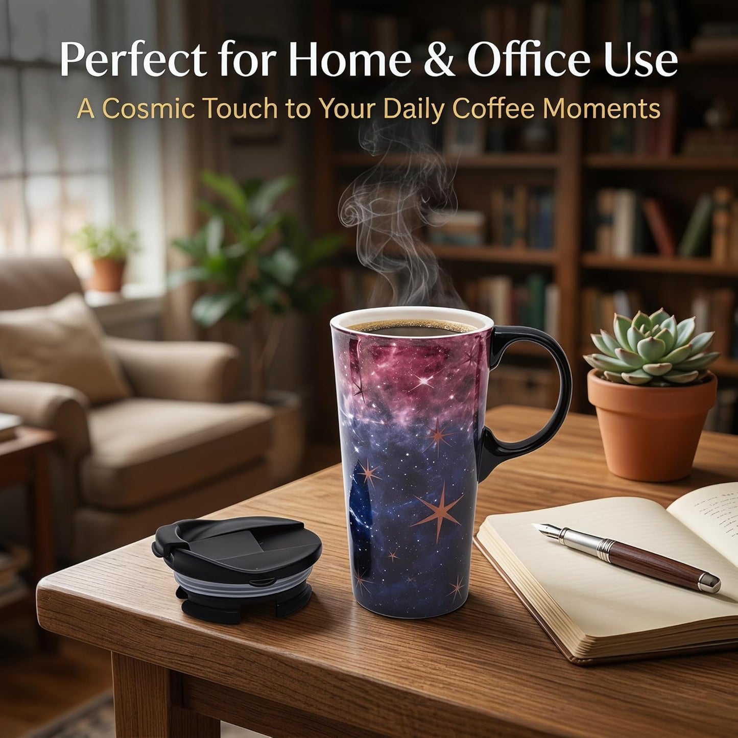 17oz Ceramic Travel Mug with Lid, Galaxy Nebula Space Coffee Mug | Coffee Mug with Handle, Galaxy & Starry Space Design, Spill-Resistant Lid, Microwave & Dishwasher Safe, Gift Box Included