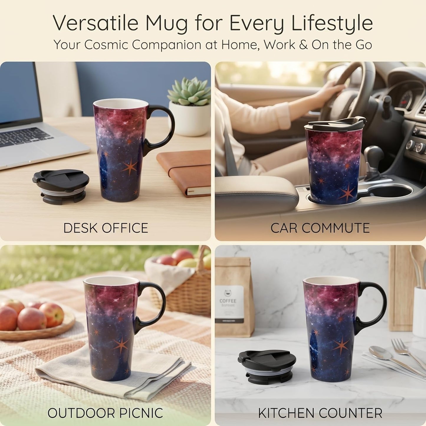 17oz Ceramic Travel Mug with Lid, Galaxy Nebula Space Coffee Mug | Coffee Mug with Handle, Galaxy & Starry Space Design, Spill-Resistant Lid, Microwave & Dishwasher Safe, Gift Box Included