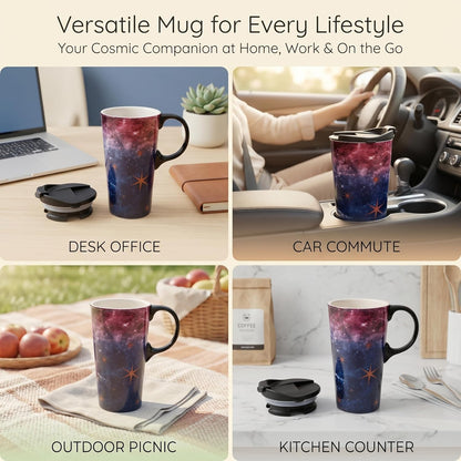 17oz Ceramic Travel Mug with Lid, Galaxy Nebula Space Coffee Mug | Coffee Mug with Handle, Galaxy & Starry Space Design, Spill-Resistant Lid, Microwave & Dishwasher Safe, Gift Box Included