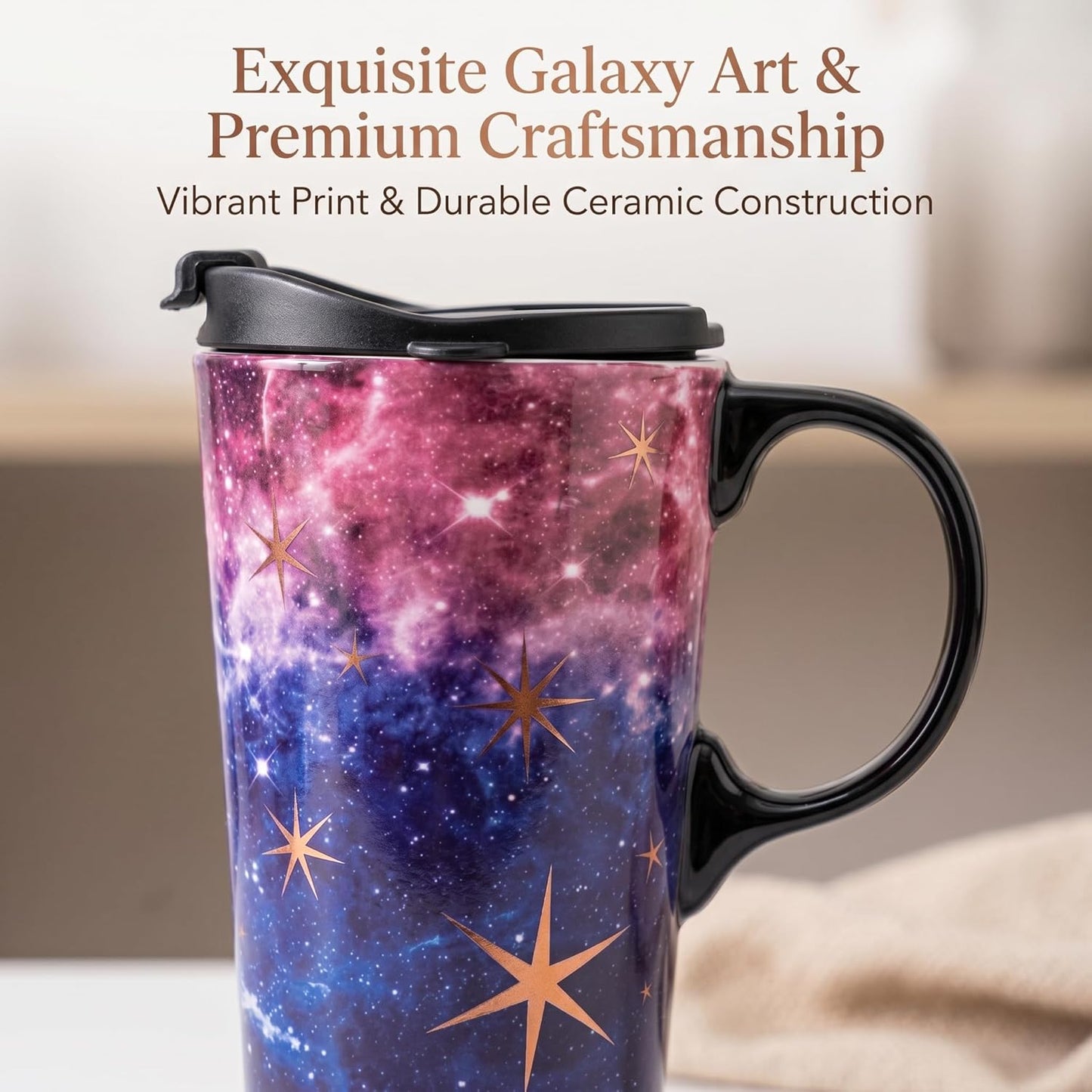 17oz Ceramic Travel Mug with Lid, Galaxy Nebula Space Coffee Mug | Coffee Mug with Handle, Galaxy & Starry Space Design, Spill-Resistant Lid, Microwave & Dishwasher Safe, Gift Box Included