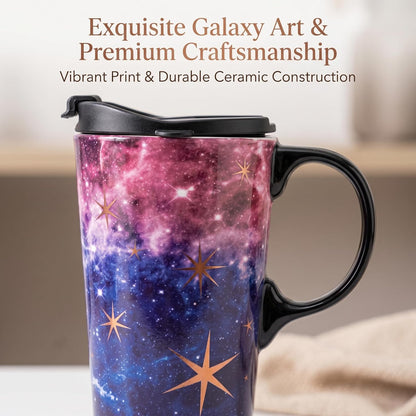 17oz Ceramic Travel Mug with Lid, Galaxy Nebula Space Coffee Mug | Coffee Mug with Handle, Galaxy & Starry Space Design, Spill-Resistant Lid, Microwave & Dishwasher Safe, Gift Box Included