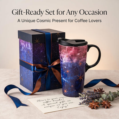 17oz Ceramic Travel Mug with Lid, Galaxy Nebula Space Coffee Mug | Coffee Mug with Handle, Galaxy & Starry Space Design, Spill-Resistant Lid, Microwave & Dishwasher Safe, Gift Box Included